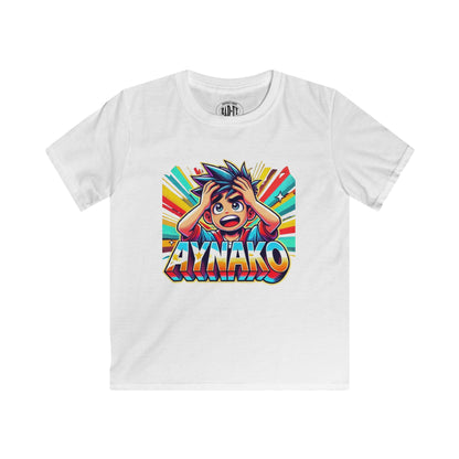 White 'Ay Nako' kids t-shirt featuring a vibrant, cartoon-style graphic of a surprised child with the phrase 'Ay Nako' in bold, colorful letters.