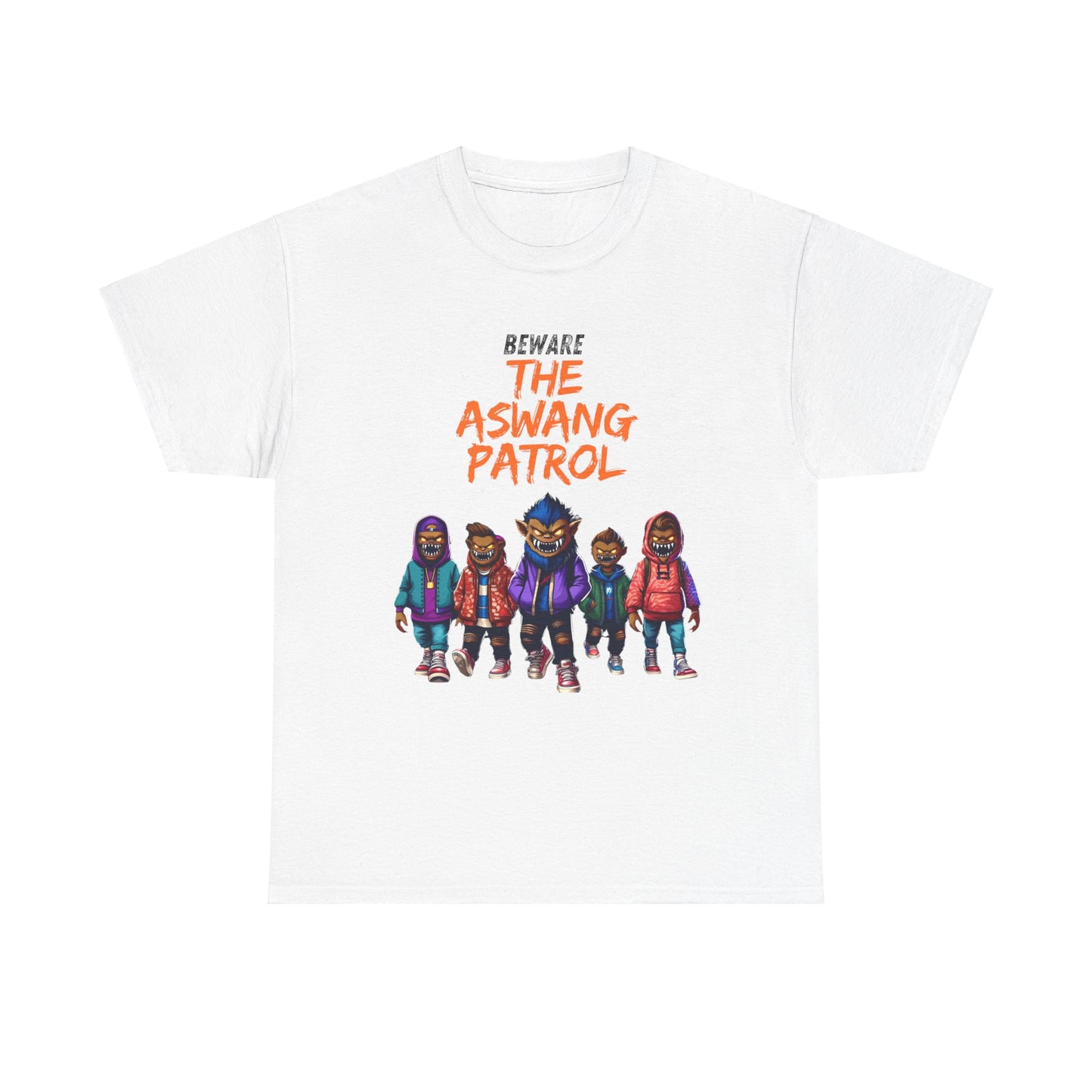 white t-shirt showcasing a colorful illustration of a group of aswang creatures in streetwear with the text "Beware The Aswang Patrol," drawing inspiration from Filipino folklore.