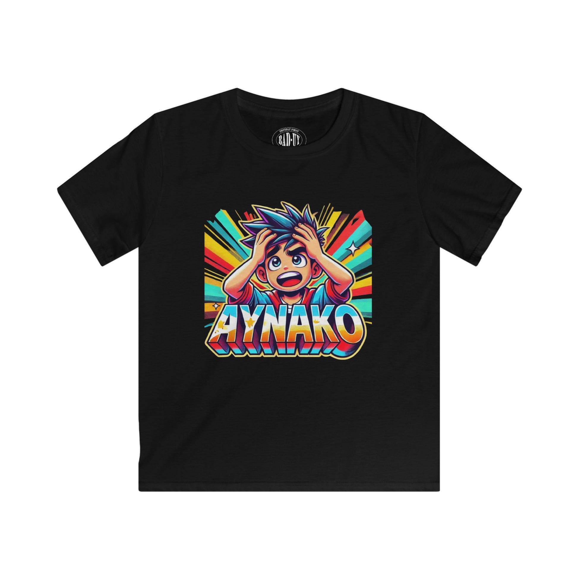 black 'Ay Nako' kids t-shirt featuring a vibrant, cartoon-style graphic of a surprised child with the phrase 'Ay Nako' in bold, colorful letters.