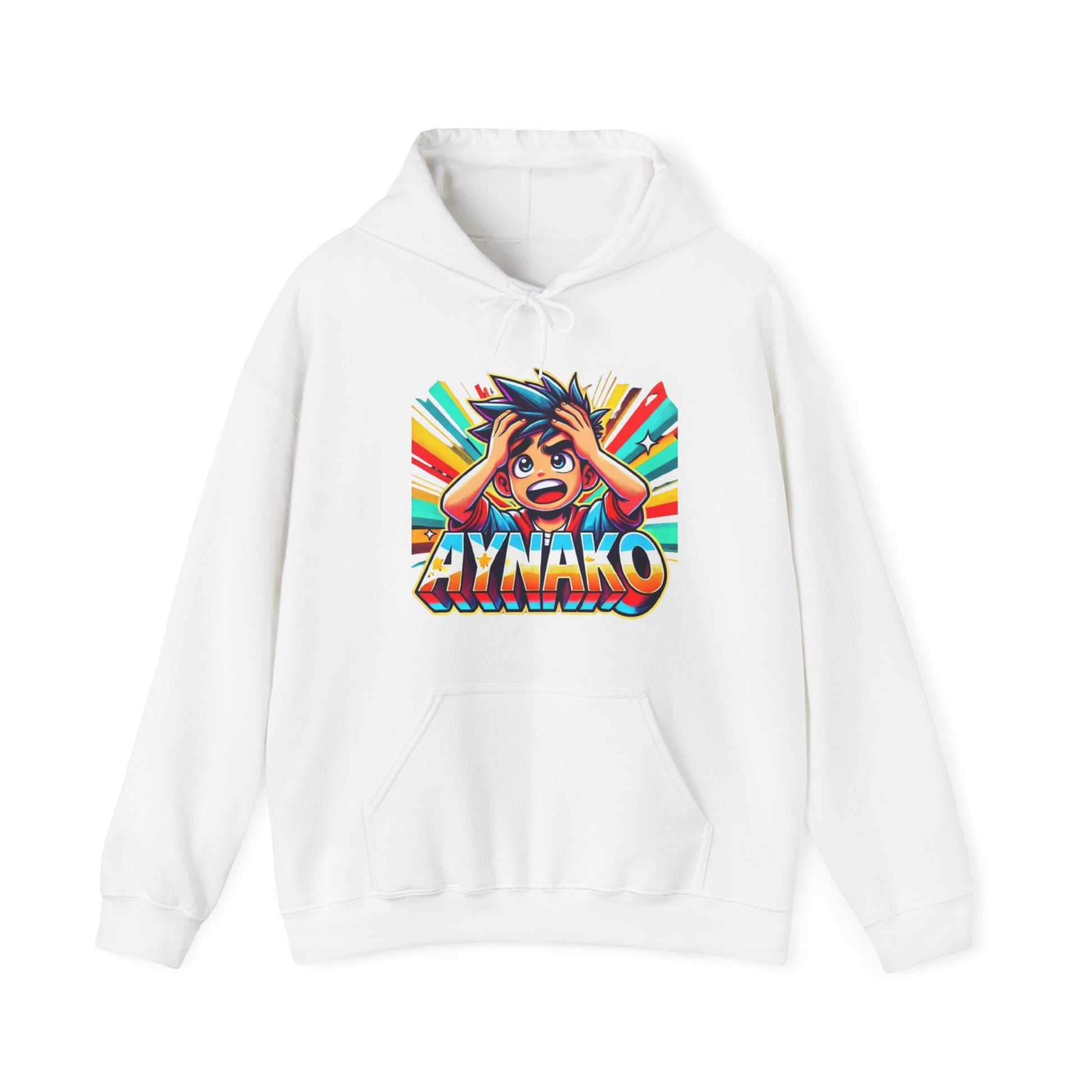 (White Hoodie - Front): BAD-UY FITS black hoodie featuring a vibrant anime-style graphic with a surprised character and the Filipino expression "Aynako" in bold colors