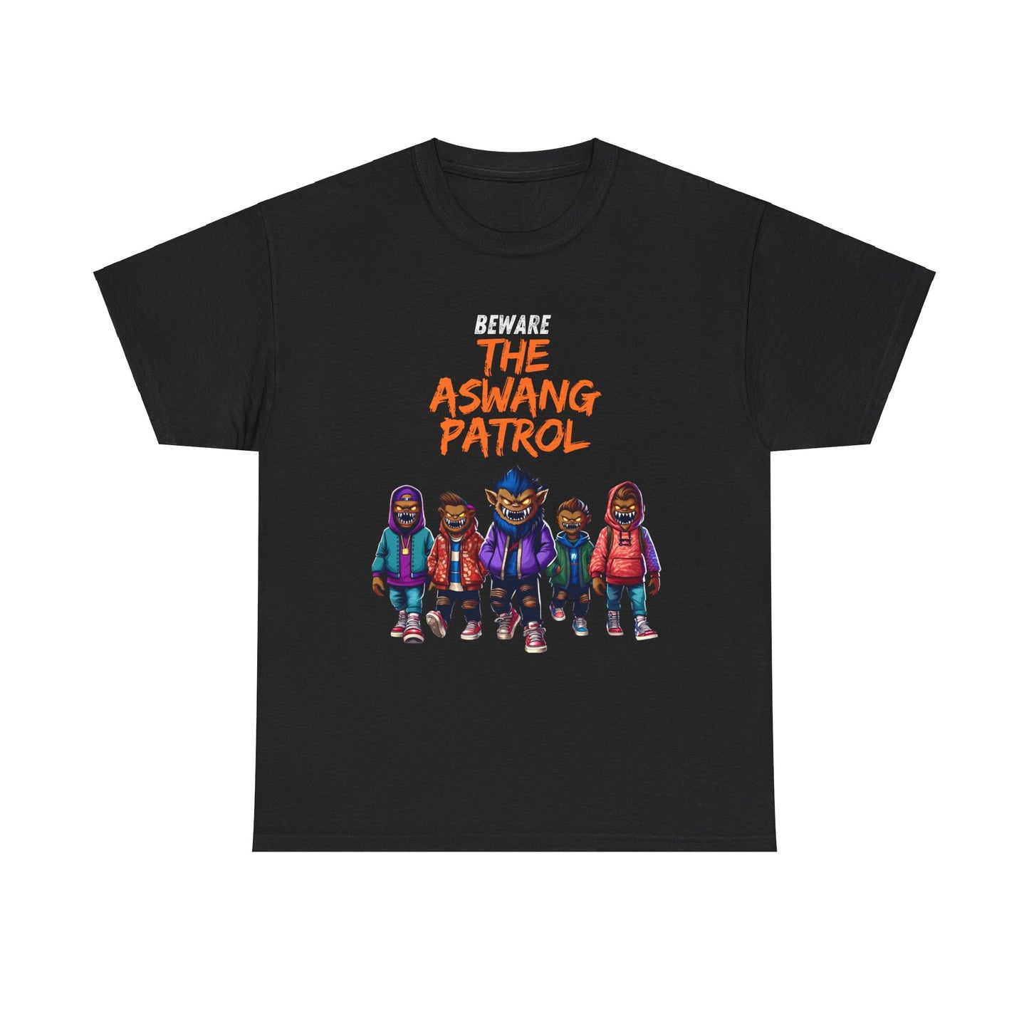 black t-shirt featuring a vibrant graphic of a group of aswang creatures in streetwear with the text "Beware The Aswang Patrol," inspired by Filipino urban legends.