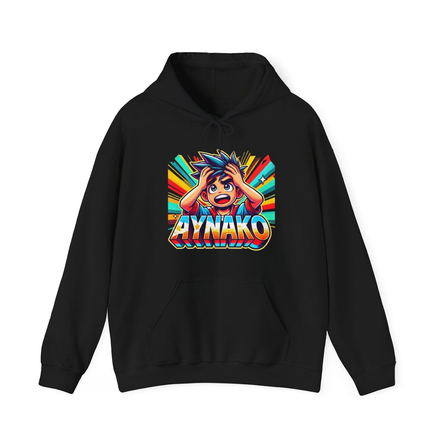 (Black Hoodie - Front): BAD-UY FITS black hoodie featuring a vibrant anime-style graphic with a surprised character and the Filipino expression "Aynako" in bold colors