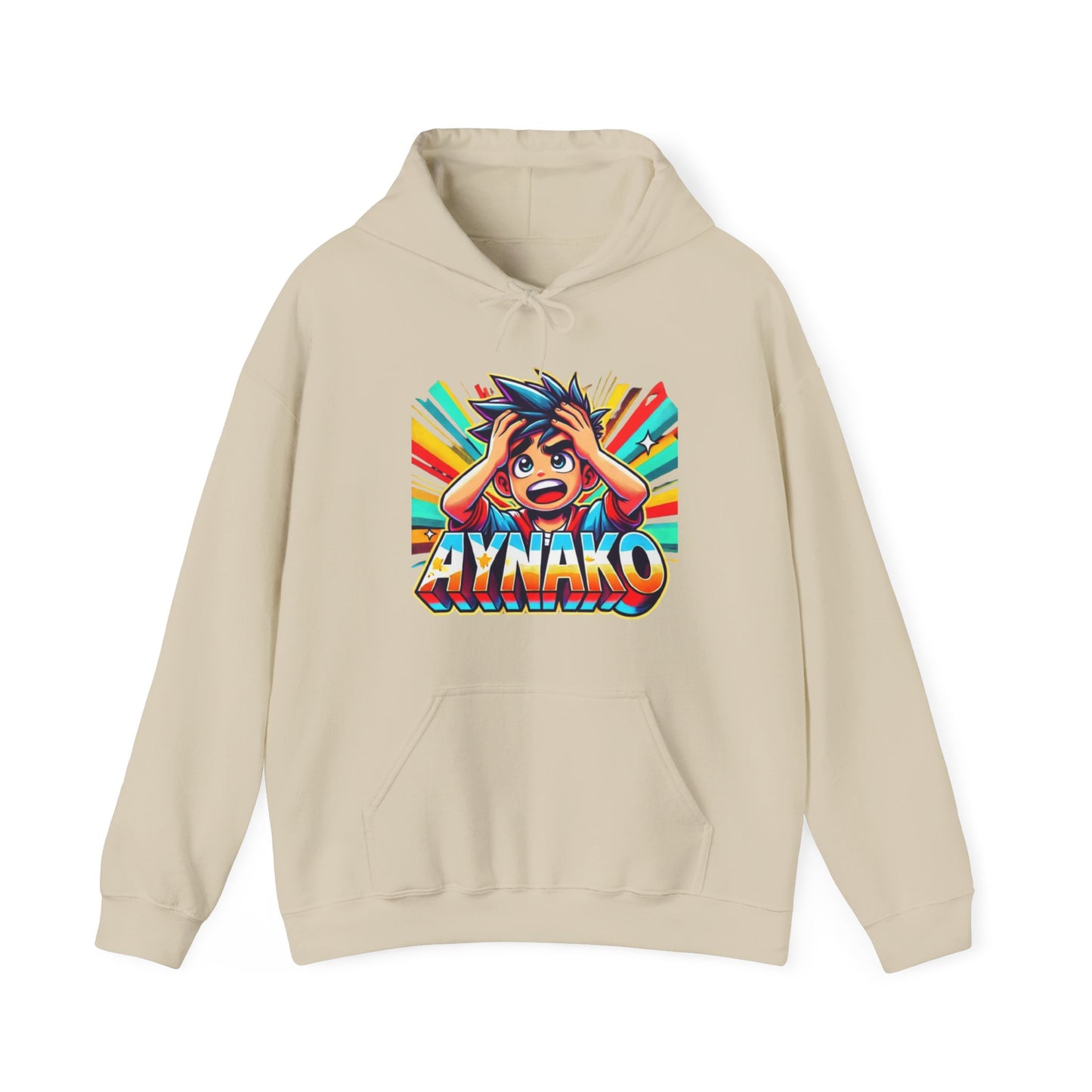 (Sand Color Hoodie - Front): BAD-UY FITS Sand hoodie featuring a vibrant anime-style graphic with a surprised character and the Filipino expression "Aynako" in bold colors