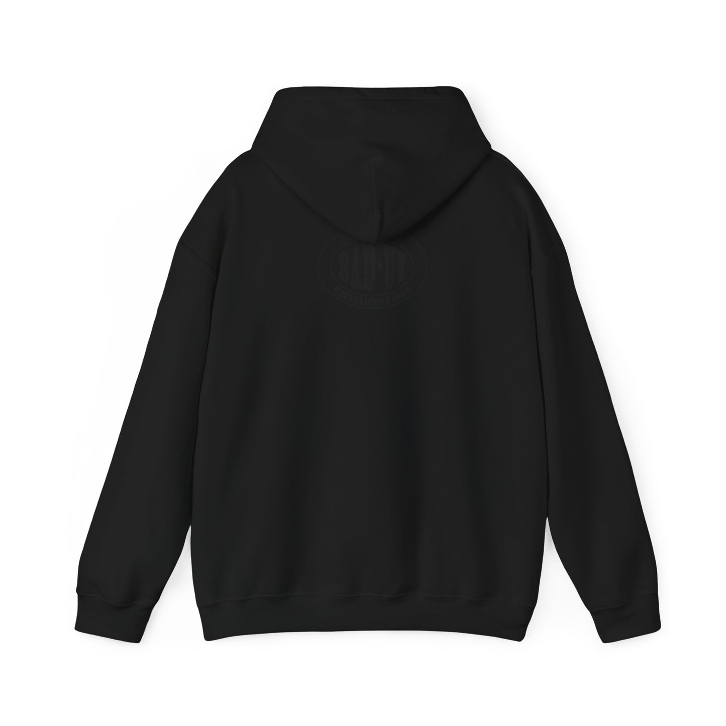 (Black Hoodie - Back): Back of the BAD-UY FITS "Ay, Nanko" black hoodie with a plain design, no graphic elements.